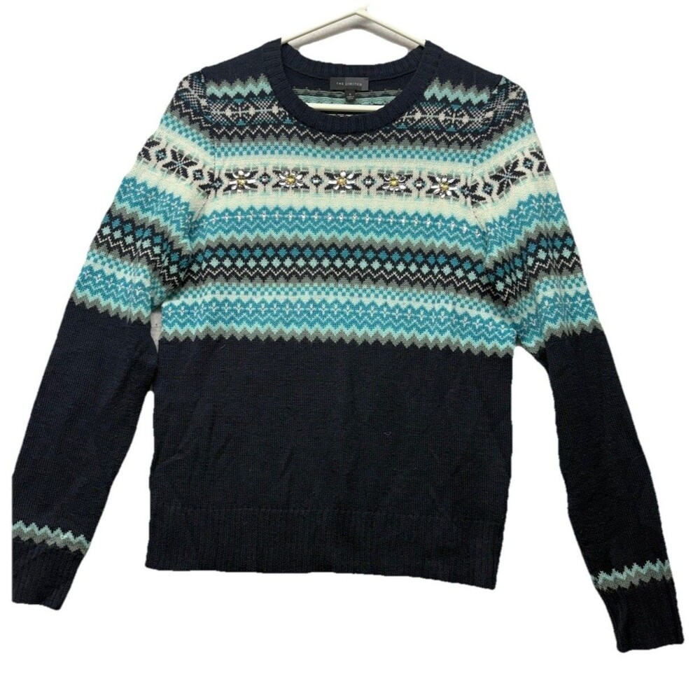 The Limited Sweater Women’s SZ Small Fair Isle Wool Blend Blue Embellished Y2K